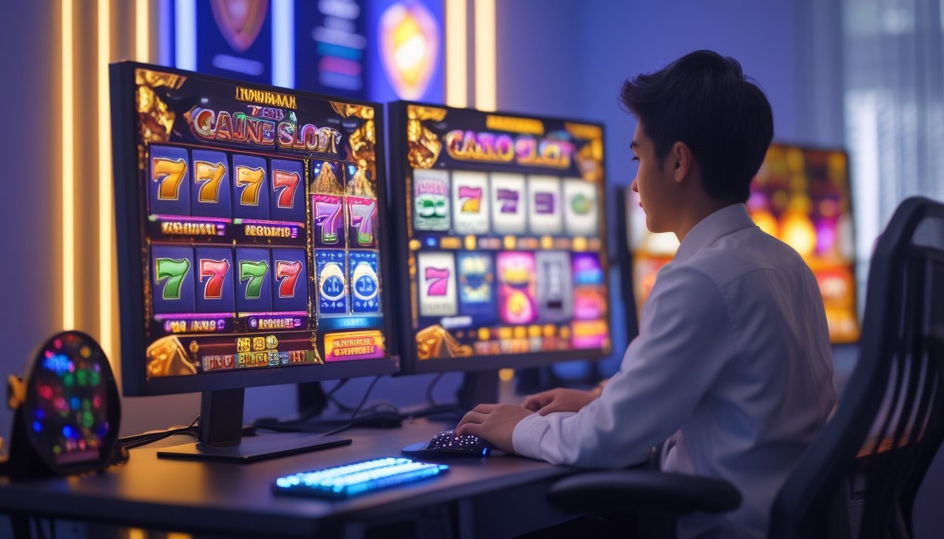 Seorang pemain muda Indonesia sedang bermain permainan slot online di komputer dengan tampilan layar berwarna cerah di ruang kerja yang modern.
