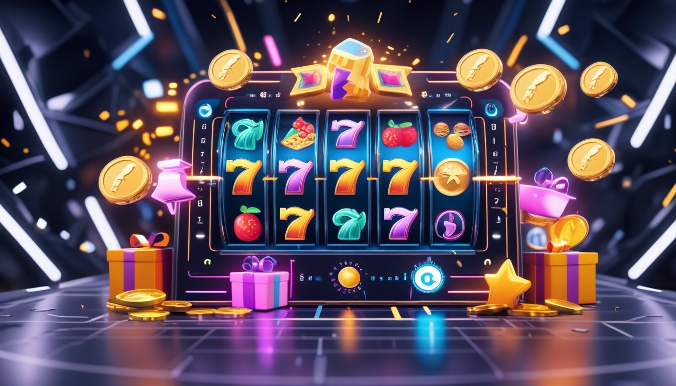 Antarmuka permainan slot online dengan gulungan berwarna-warni dan ikon hadiah, menunjukkan suasana permainan yang seru dan penuh peluang menang.