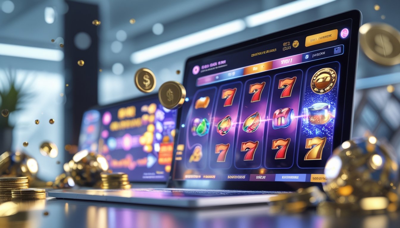 Seseorang bermain mesin slot online di layar komputer dengan latar belakang koin emas dan simbol hadiah yang menggambarkan bonus dan promo.