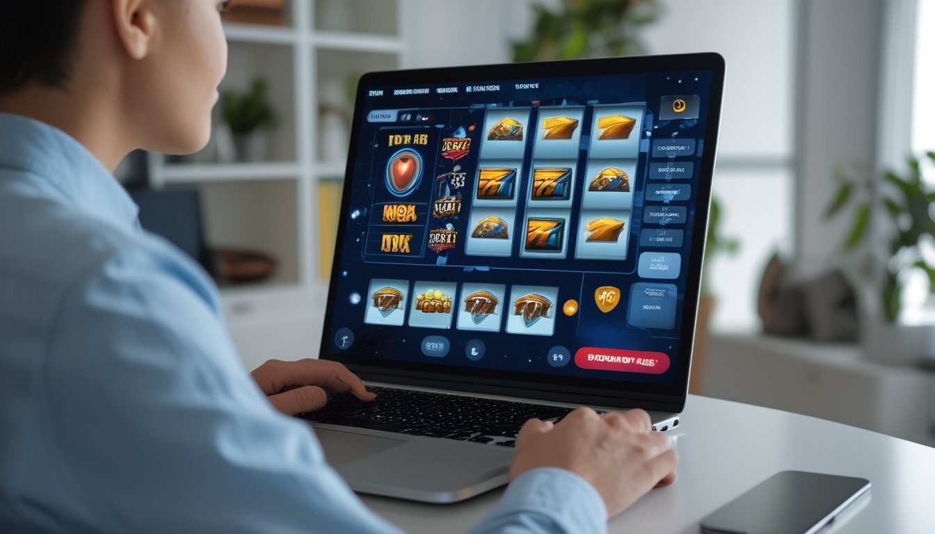 Seseorang menggunakan laptop dengan tampilan permainan slot online di layar dalam ruangan yang terang dan rapi.