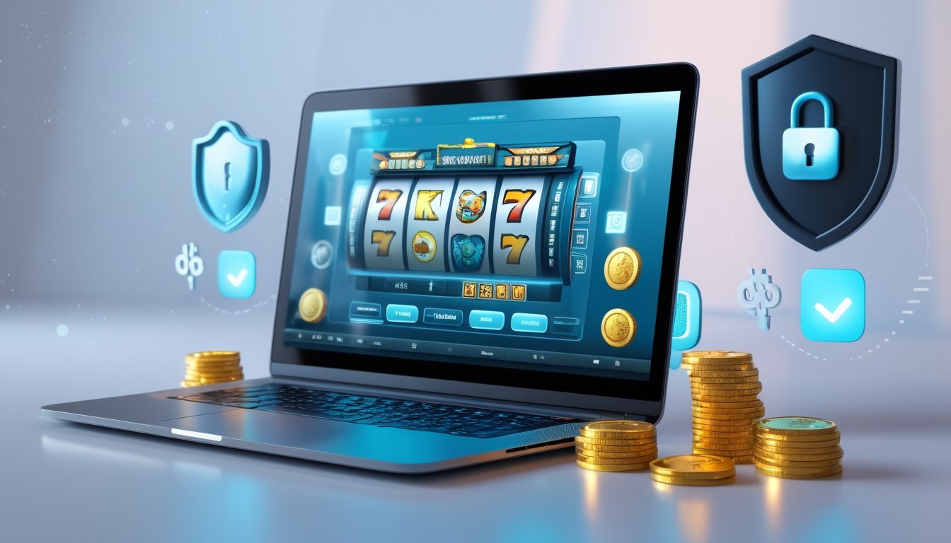 Seorang pengguna sedang bermain permainan slot online di laptop dengan simbol keamanan seperti gembok dan perisai di sekitar perangkat.