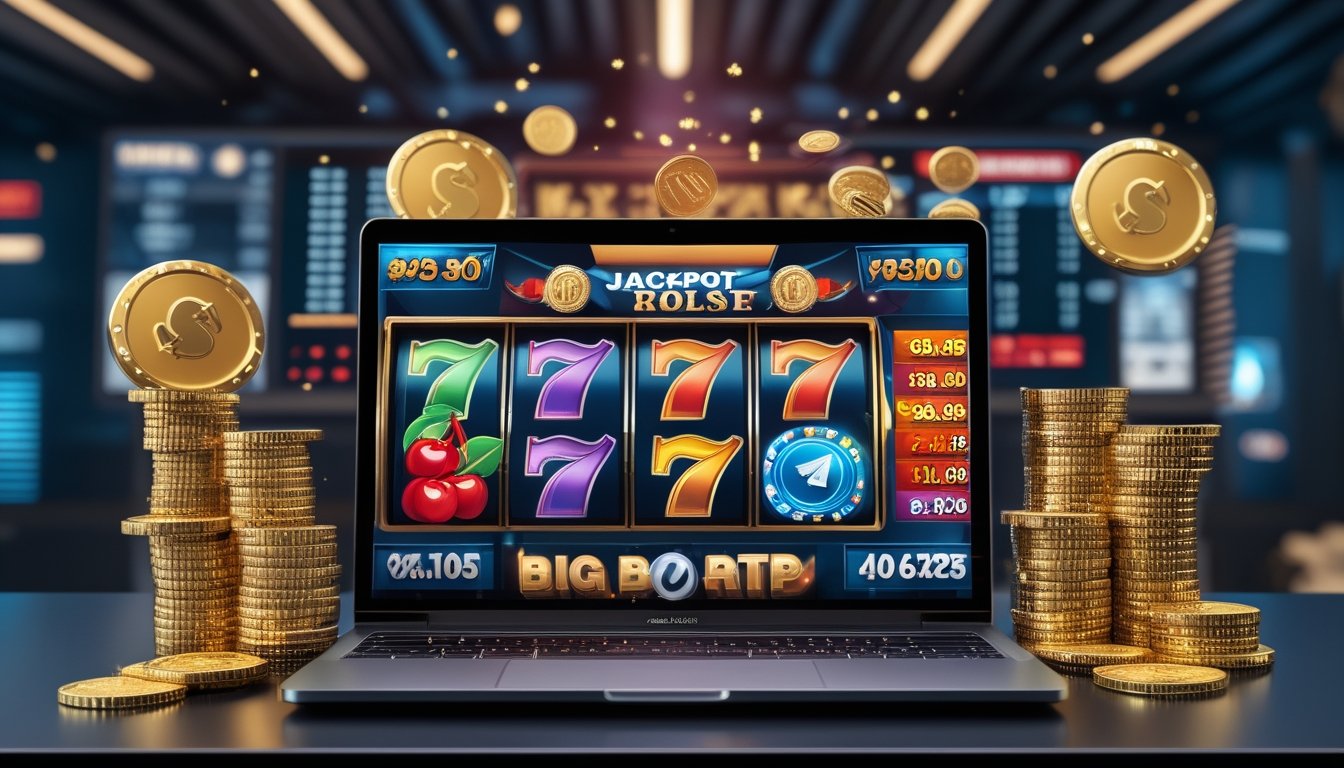 Seorang pemain menggunakan komputer dengan layar menampilkan permainan slot online berwarna-warni, dikelilingi oleh tumpukan koin emas dan lampu jackpot yang menyala.