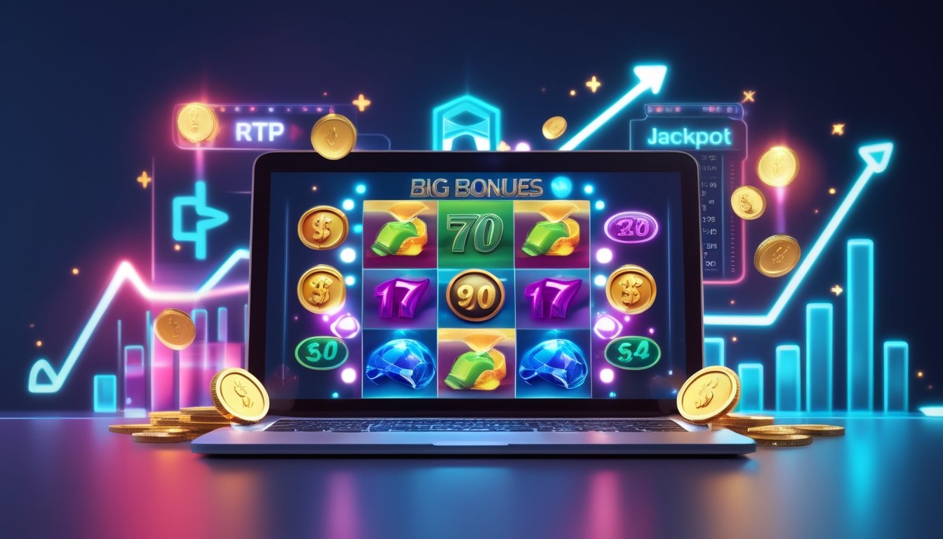 Seorang pemain sedang menggunakan komputer dengan tampilan permainan slot online yang penuh warna dan simbol jackpot, dikelilingi oleh elemen digital yang menggambarkan bonus besar dan kemenangan.