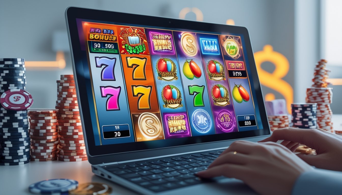 Seseorang bermain permainan slot online di komputer dengan grafik mesin slot berwarna-warni dan tumpukan chip serta koin di sekitar layar.