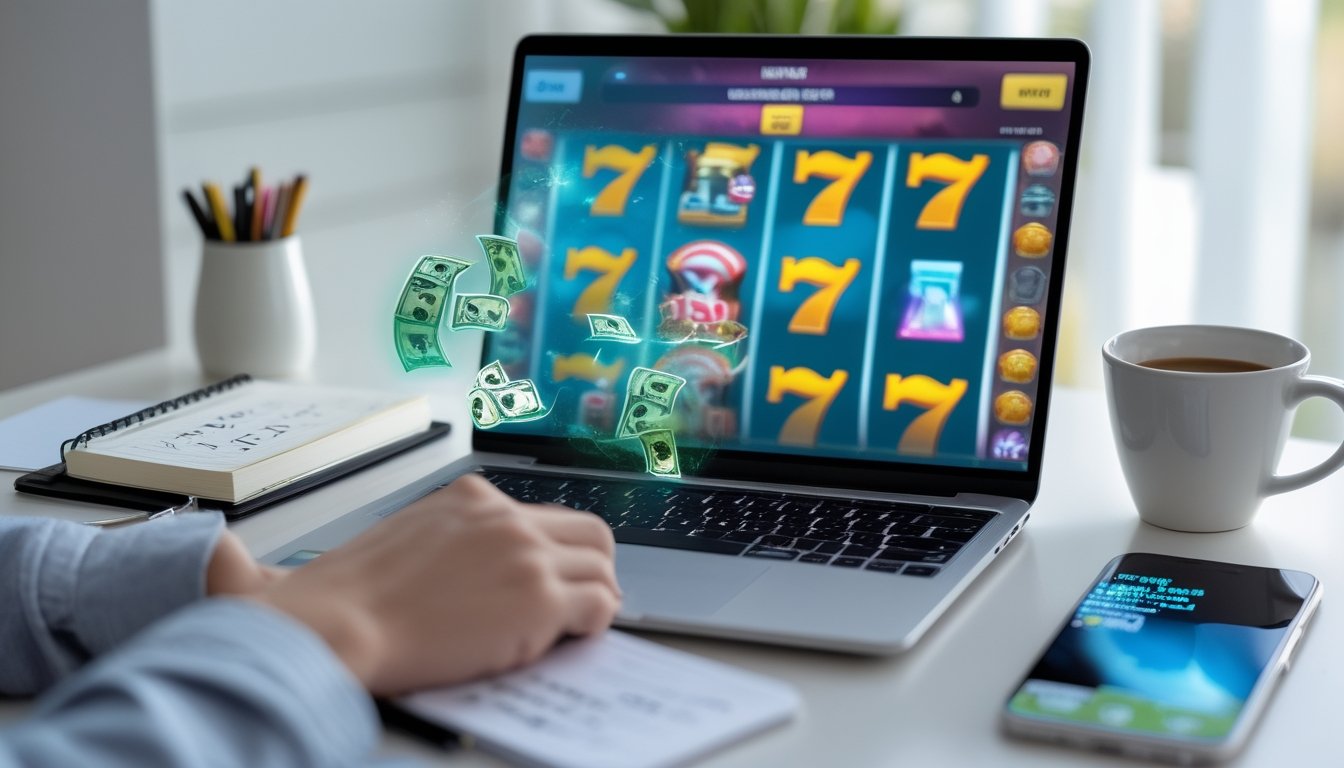 Seorang dewasa muda fokus bermain permainan slot online di laptop di ruang kerja rumah yang terang dengan catatan dan kopi di meja.