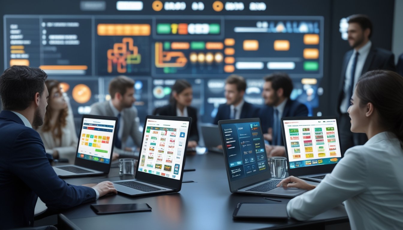 Sekelompok profesional sedang berdiskusi di ruang rapat dengan perangkat digital yang menampilkan grafik dan ikon terkait permainan slot online dan layanan pelanggan.