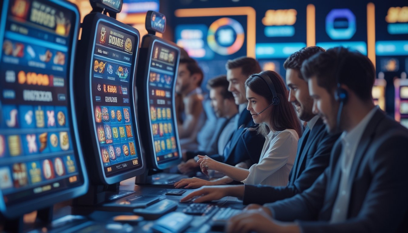 Orang-orang menggunakan komputer dengan layar menampilkan permainan slot online dan ikon bonus serta layanan pelanggan di latar belakang.