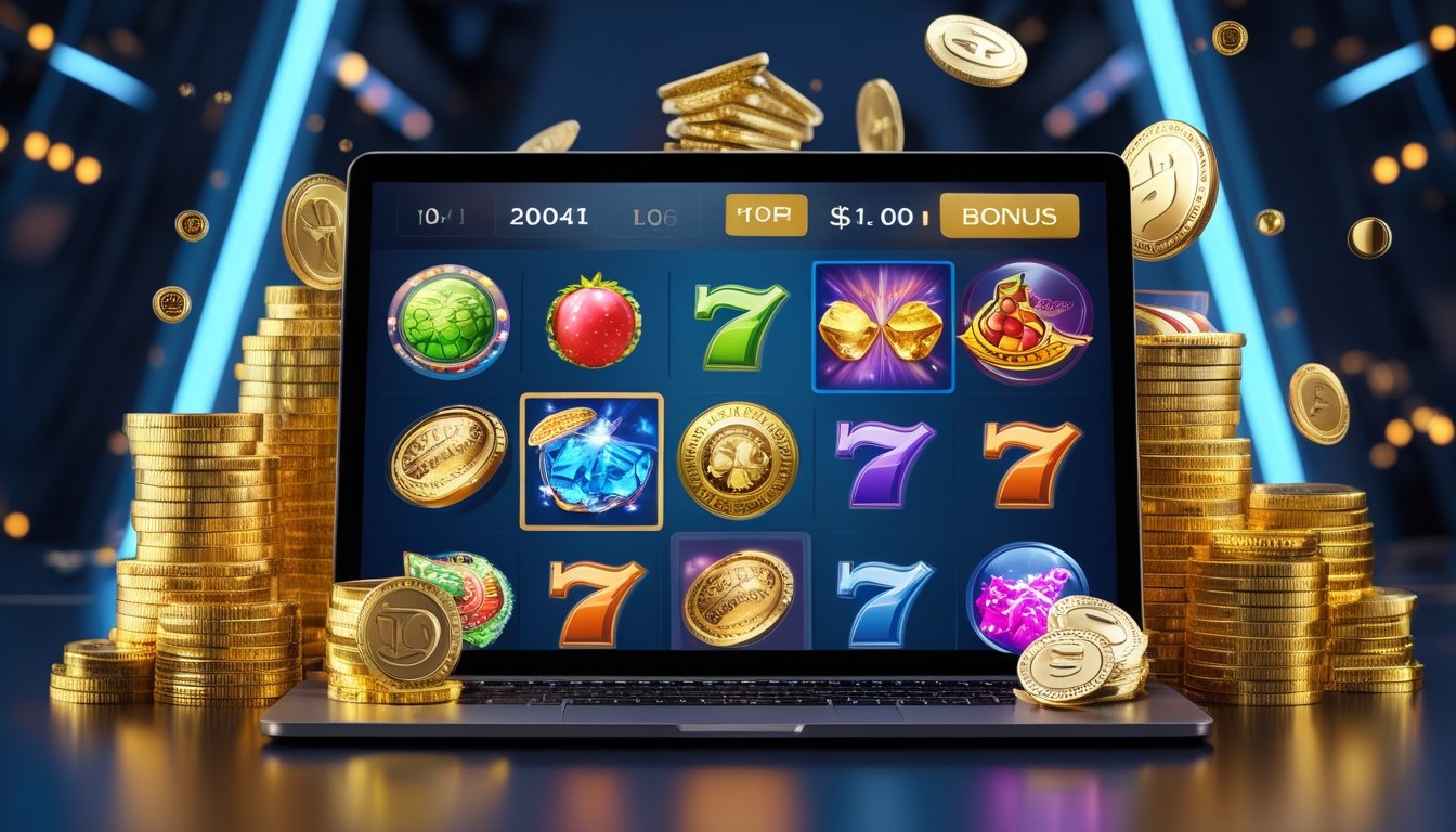 Layar komputer menampilkan permainan slot online dengan ikon permainan populer dan tumpukan koin emas di sekitarnya.
