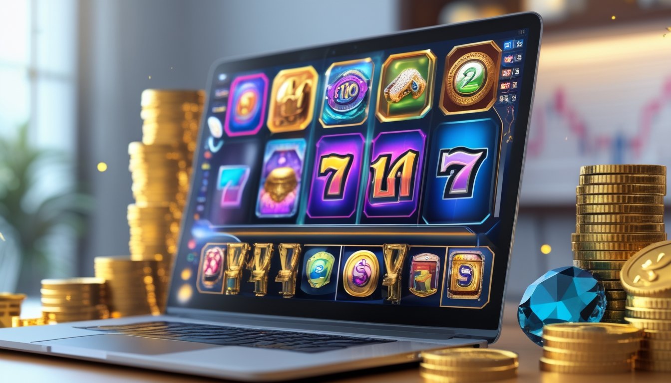 Seorang pengguna sedang bermain permainan slot online dengan layar komputer menampilkan ikon permainan warna-warni dan tumpukan koin emas di sekitarnya.