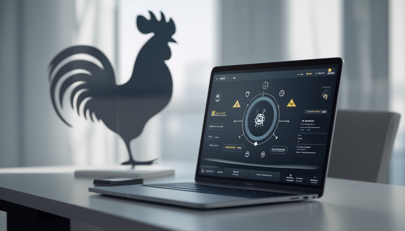 Meja kerja dengan laptop menampilkan antarmuka digital dan siluet ayam jago sebagai simbol sabung ayam.