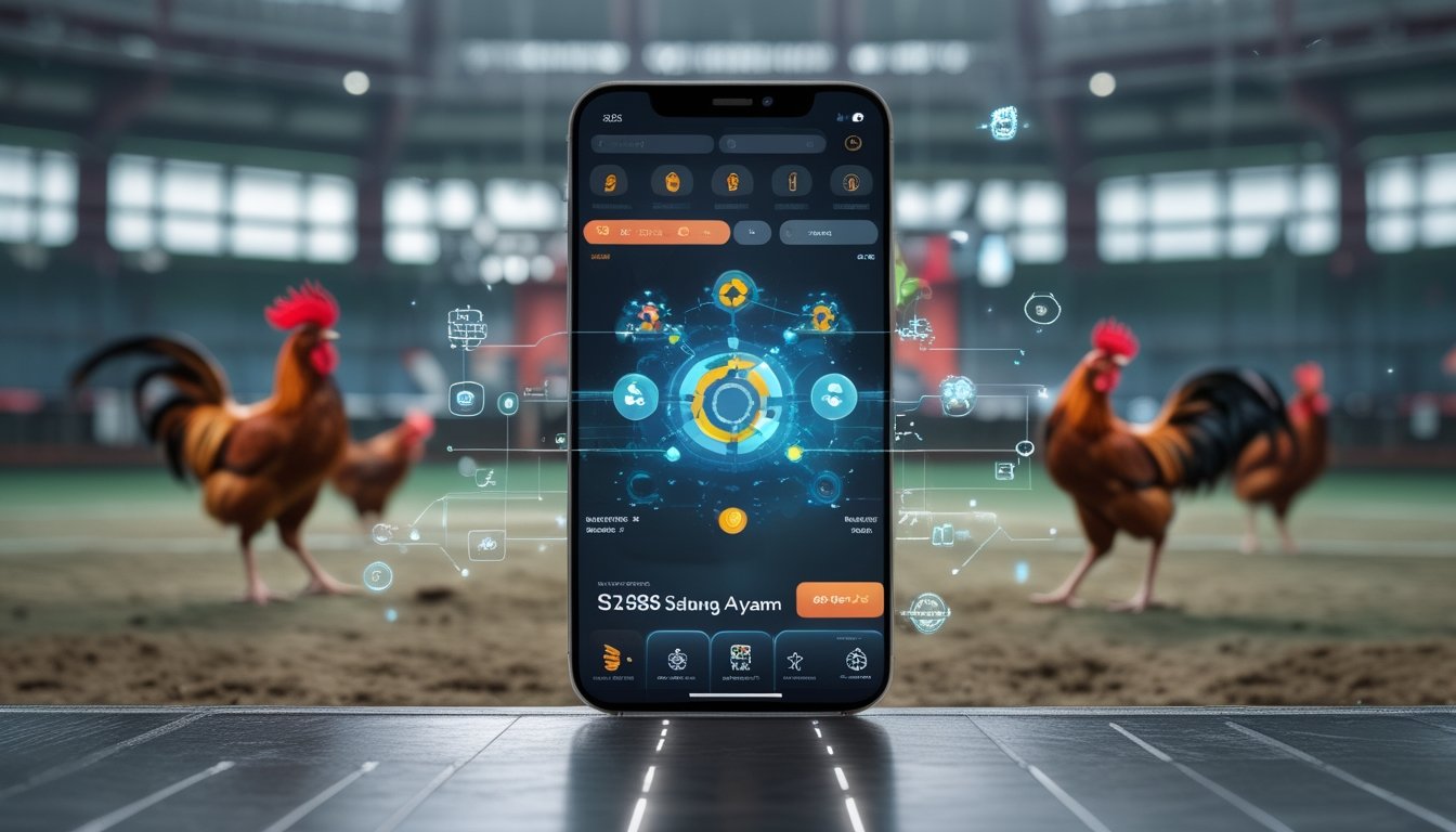 Gambar sebuah perangkat digital menampilkan platform sabung ayam dengan latar belakang arena sabung ayam tradisional yang samar.