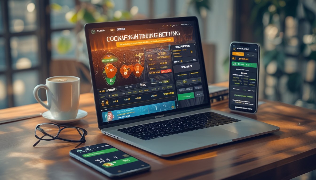 Seorang pria menggunakan laptop di meja dengan tampilan situs taruhan sabung ayam online, dikelilingi oleh ponsel dan cangkir kopi.