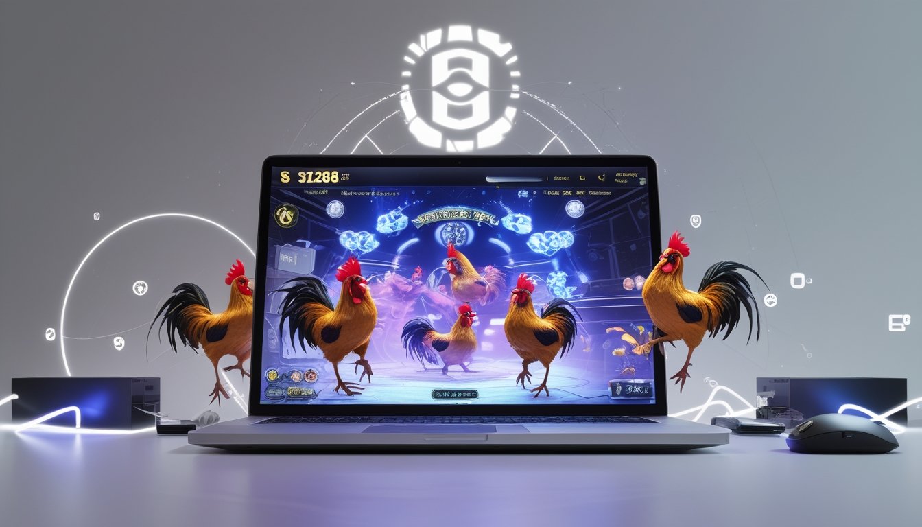 Layar komputer menampilkan permainan sabung ayam digital dengan dua ayam jago sedang bertarung, dikelilingi oleh elemen teknologi digital.
