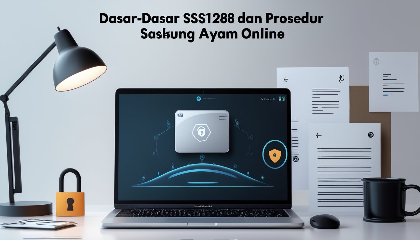 Sebuah meja kerja modern dengan laptop yang menampilkan antarmuka abstrak tentang taruhan sabung ayam online, dilengkapi simbol keamanan dan dokumen panduan di sekitarnya.