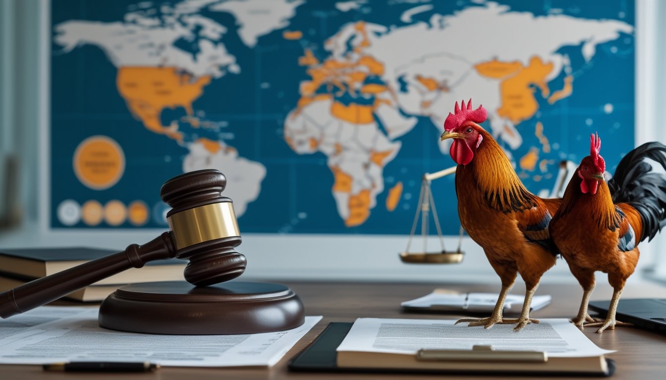 Peta dunia dengan sorotan negara, palu hakim di atas dokumen hukum, dan dua ayam jantan di lingkungan terkendali.