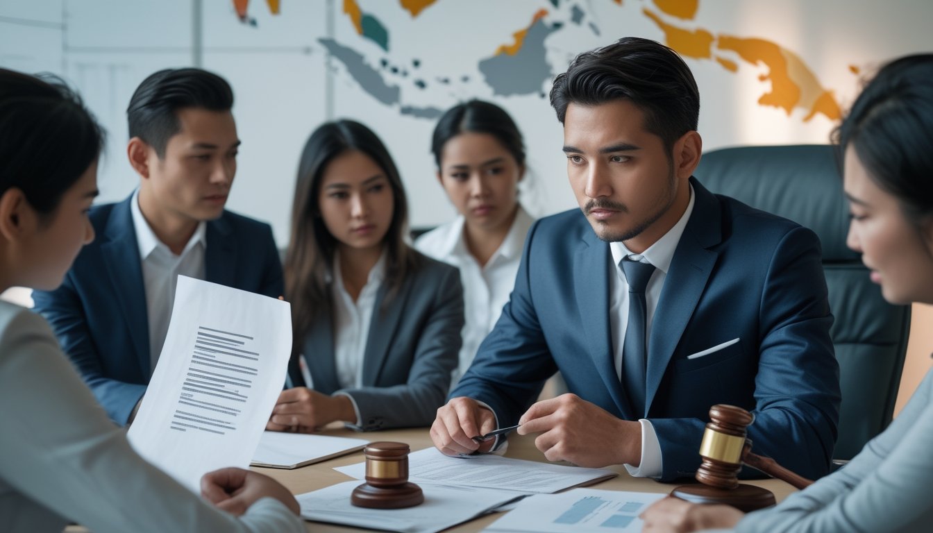 Seorang pengacara sedang menjelaskan dokumen hukum kepada klien di kantor modern dengan peta Indonesia di latar belakang.