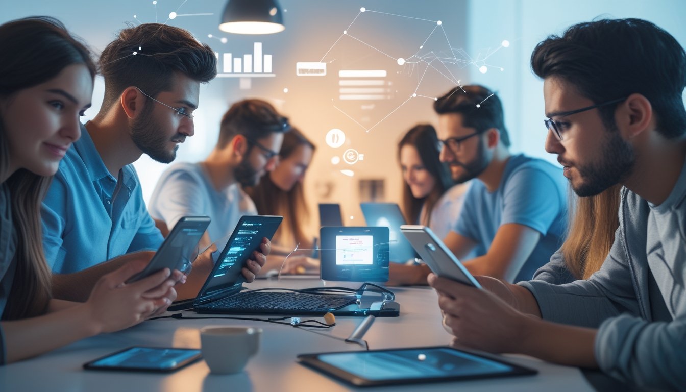 Sekelompok orang muda menggunakan perangkat digital di ruang kerja modern, fokus pada aktivitas online dan analisis data.