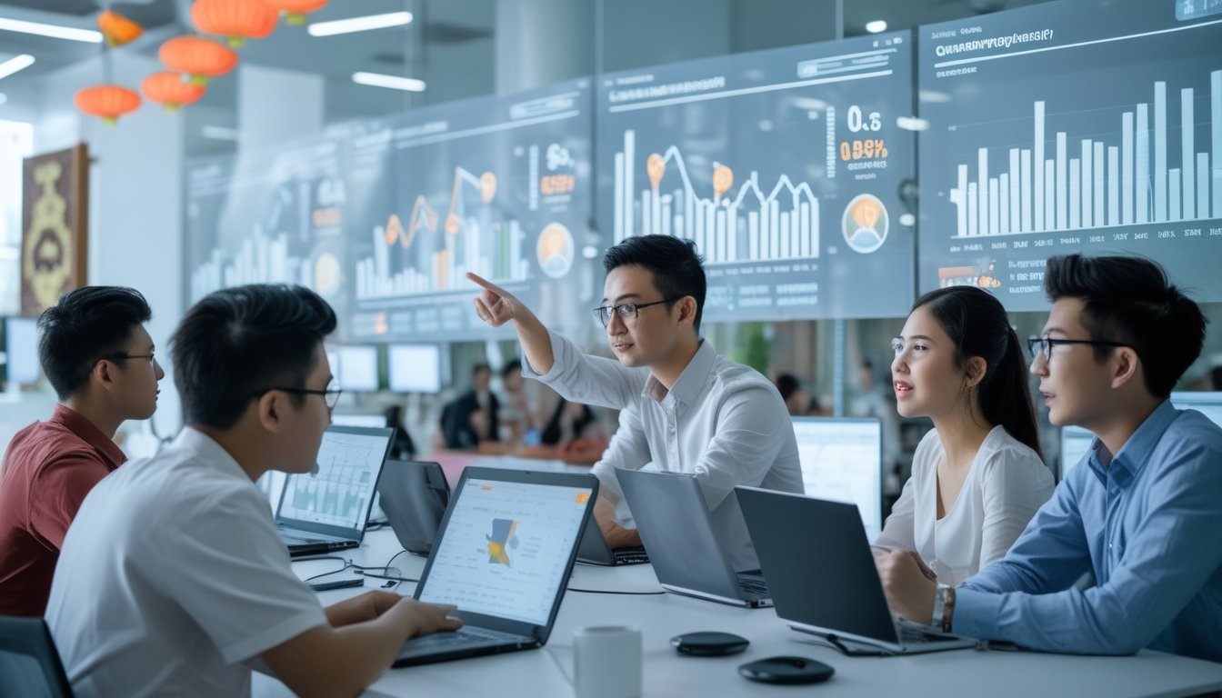 Sekelompok orang muda sedang menganalisis data tren popularitas platform online di ruang kantor modern dengan layar digital besar.