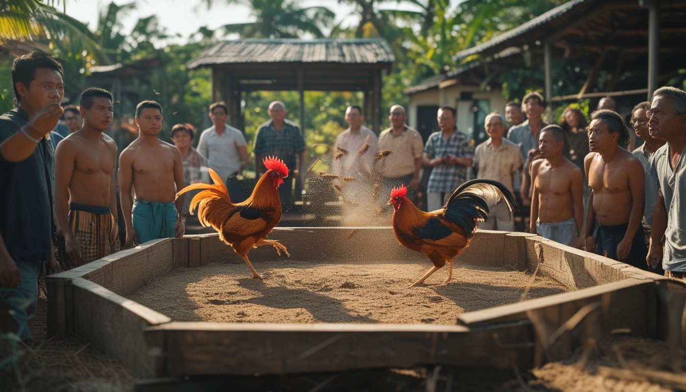 Dua ayam jago sedang bertarung di arena kayu dengan beberapa penonton yang memperhatikan di latar belakang.