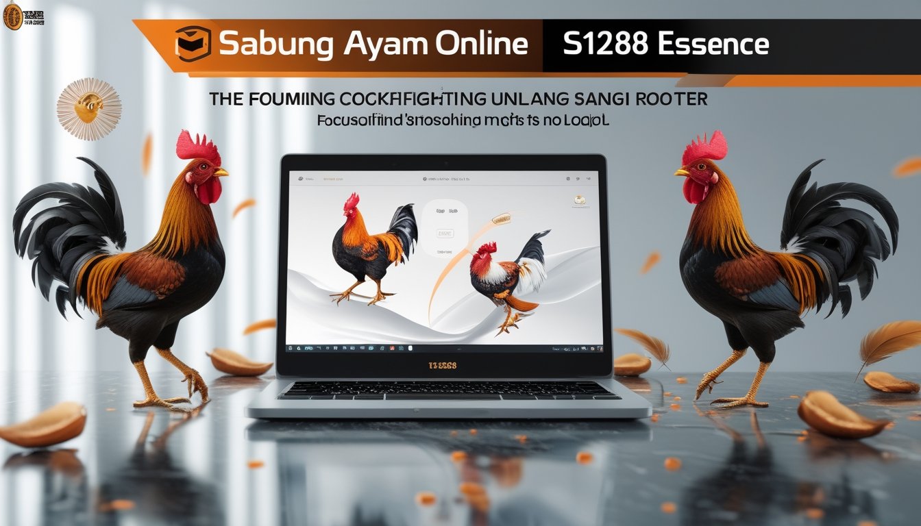 Meja kerja dengan laptop yang menampilkan antarmuka digital abstrak, dikelilingi oleh gambar dua ayam jago dan motif tradisional Indonesia.