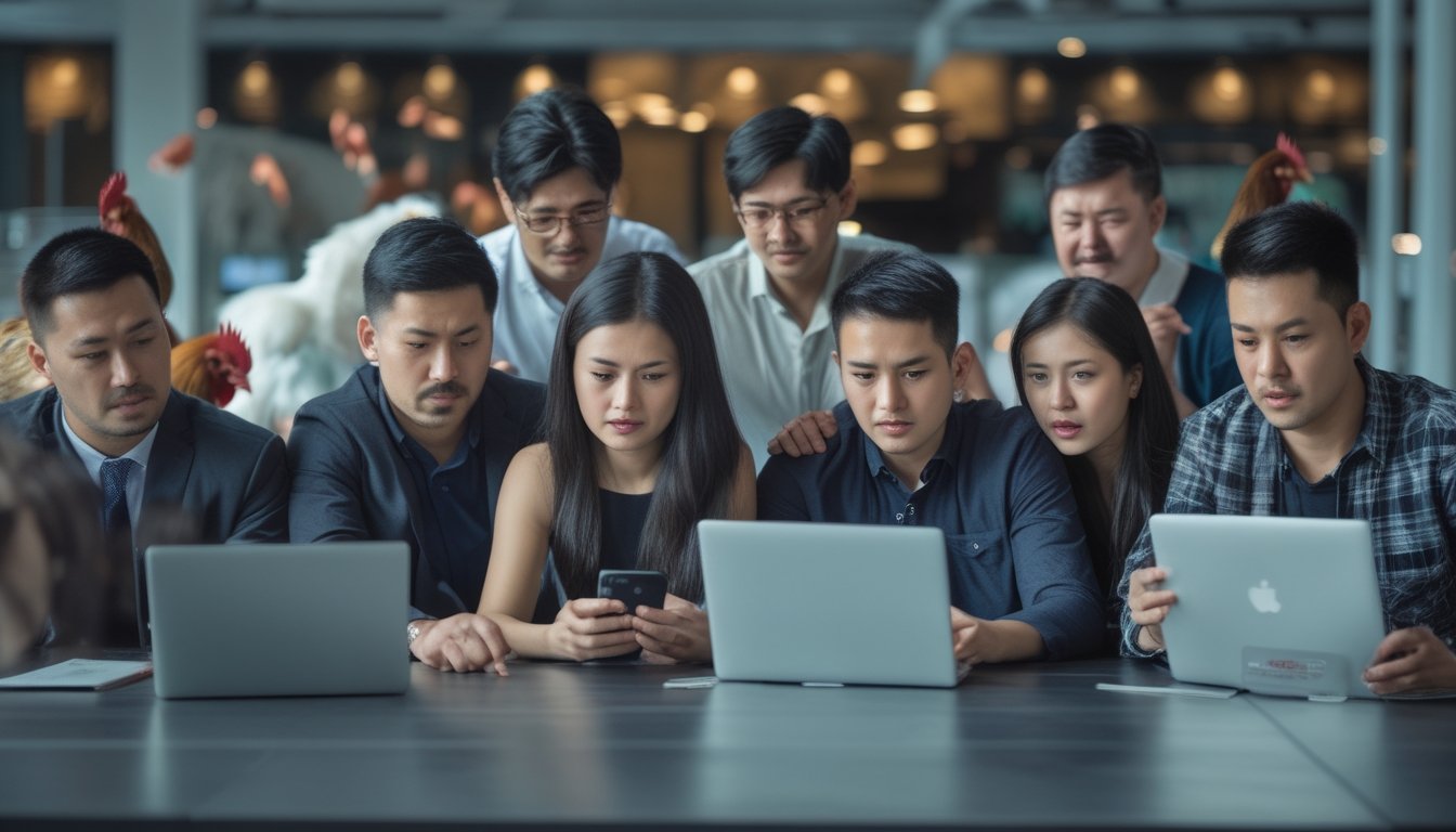 Sekelompok orang menggunakan perangkat digital untuk menonton dan bertaruh pada sabung ayam secara online di lingkungan perkotaan modern.