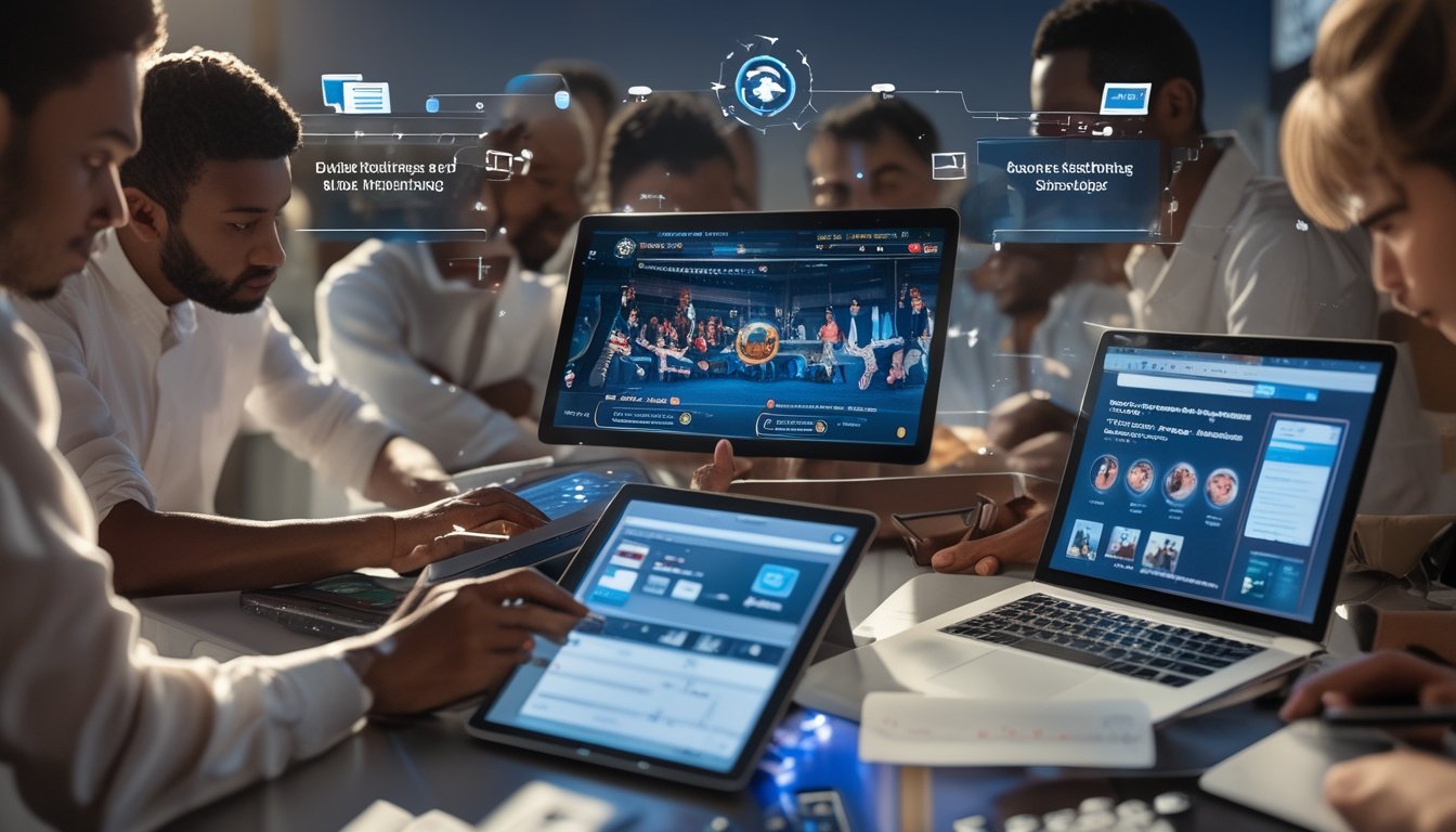 Sekelompok orang menggunakan perangkat digital seperti ponsel dan laptop yang menampilkan platform sabung ayam, menggambarkan perkembangan digitalisasi dan dampak sosial ekonomi dalam dunia sabung ayam.