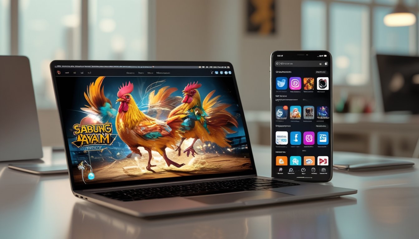 Laptop dan ponsel di atas meja menampilkan gambar pertarungan ayam dan ikon aplikasi hiburan digital.