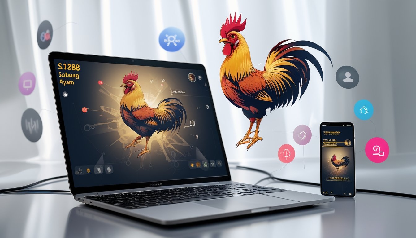 Gambar perangkat digital menampilkan ilustrasi sabung ayam dengan latar belakang teknologi modern dan simbol hiburan digital.