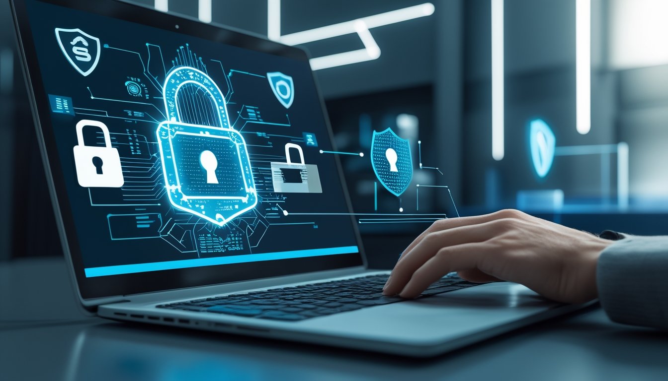 Seorang pengguna sedang mengetik di laptop dengan ikon keamanan digital dan elemen holografik yang melambangkan perlindungan data dan privasi pengguna.