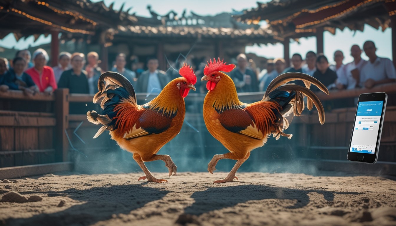 Arena sabung ayam dengan dua ayam jantan bertarung di tengah, dikelilingi penonton dari berbagai usia, dengan latar belakang elemen digital dan ponsel yang menunjukkan platform online.