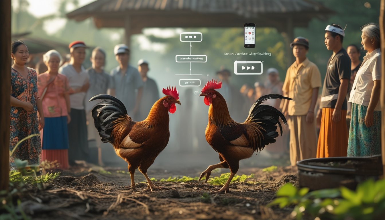 Dua ayam jago sedang bertarung di depan kerumunan orang yang mengenakan pakaian tradisional dengan latar belakang suasana pedesaan dan elemen teknologi modern.