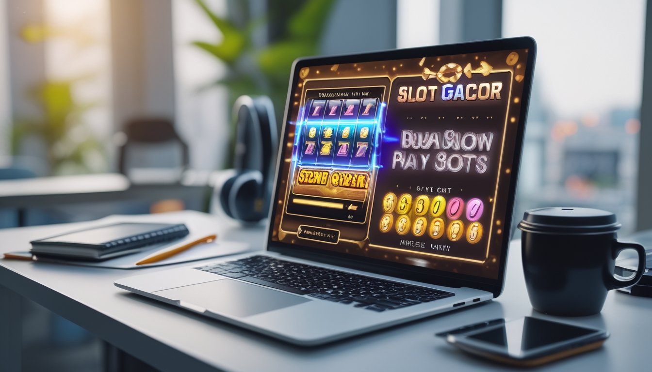 Meja kerja dengan laptop yang menampilkan permainan slot online, disertai dengan catatan dan cangkir kopi.