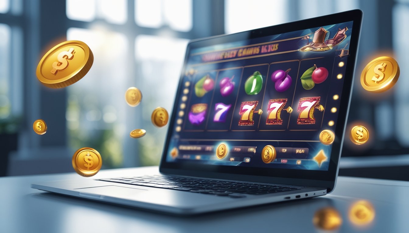 Seorang pengguna duduk di depan laptop yang menampilkan permainan slot online dengan simbol-simbol slot berwarna-warni dan koin digital di sekitar layar.