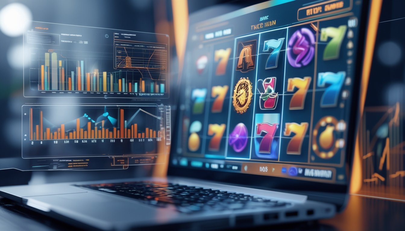 Tampilan layar komputer dengan gulungan mesin slot berwarna-warni dan grafik data yang menggambarkan RTP, volatilitas, dan faktor acak pada permainan slot online.