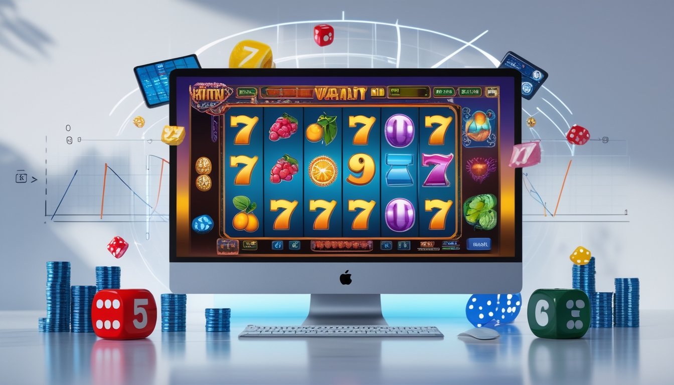 Seorang pengguna komputer melihat layar dengan permainan slot online berwarna-warni, dikelilingi oleh grafik dan simbol yang mewakili volatilitas dan faktor acak.