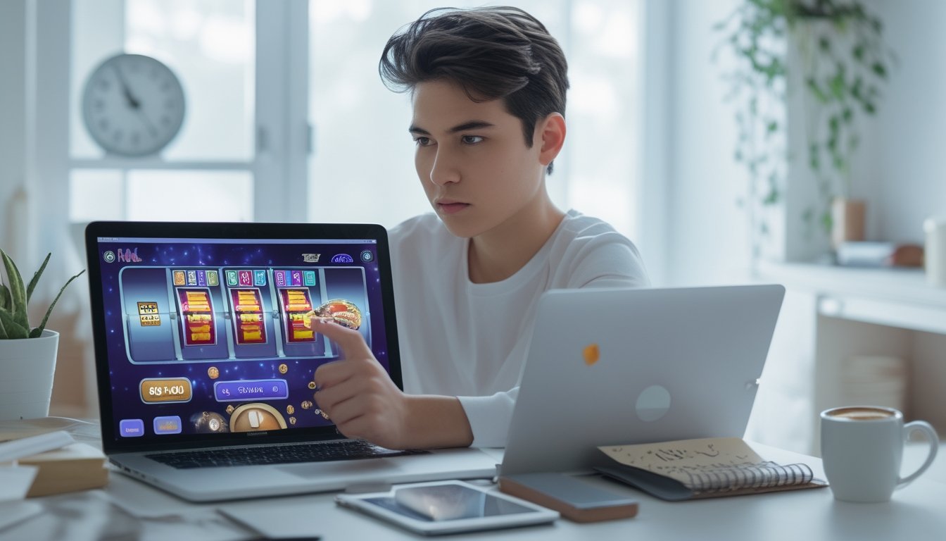 Seorang dewasa muda duduk di meja dengan laptop terbuka, tampak fokus dan sedikit khawatir, di ruang kerja rumah yang terang dengan elemen permainan slot online di layar.