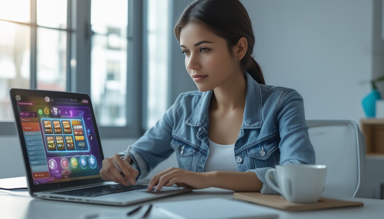 Seorang wanita muda duduk di meja dengan laptop dan buku catatan, fokus menetapkan batas anggaran saat bermain slot online.