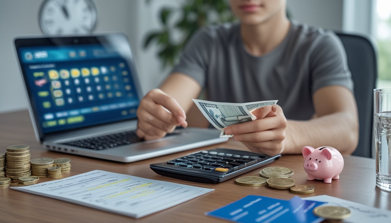 Seorang dewasa muda duduk di meja dengan laptop menampilkan permainan slot online, sambil memegang komputer dan catatan anggaran, diiringi alat perencanaan keuangan di ruang kerja yang terang.