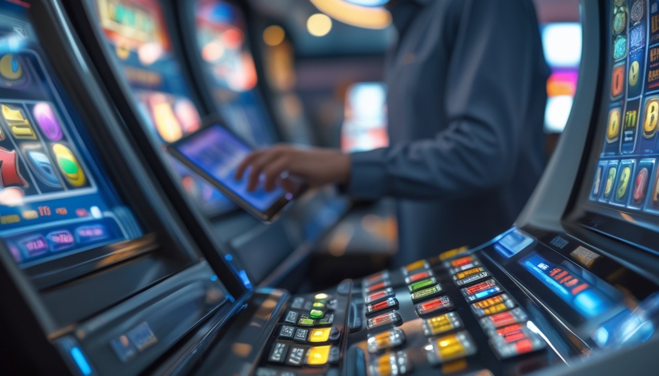 Close-up mesin slot modern dengan seseorang sedang menganalisis data menggunakan tablet di latar belakang.