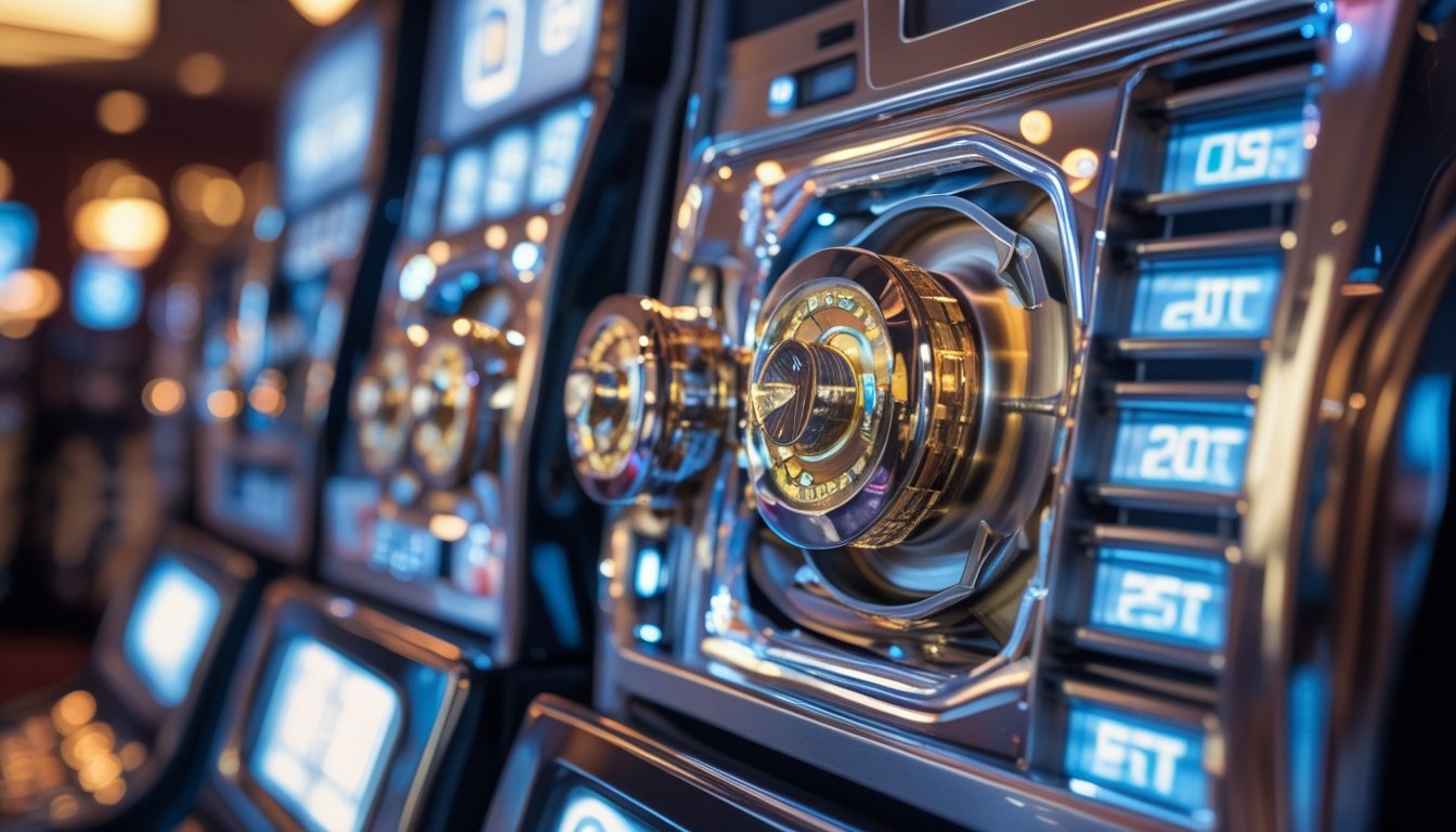 Bagian dalam mesin slot yang menunjukkan komponen mekanis dan elektronik dengan latar belakang kasino yang samar.