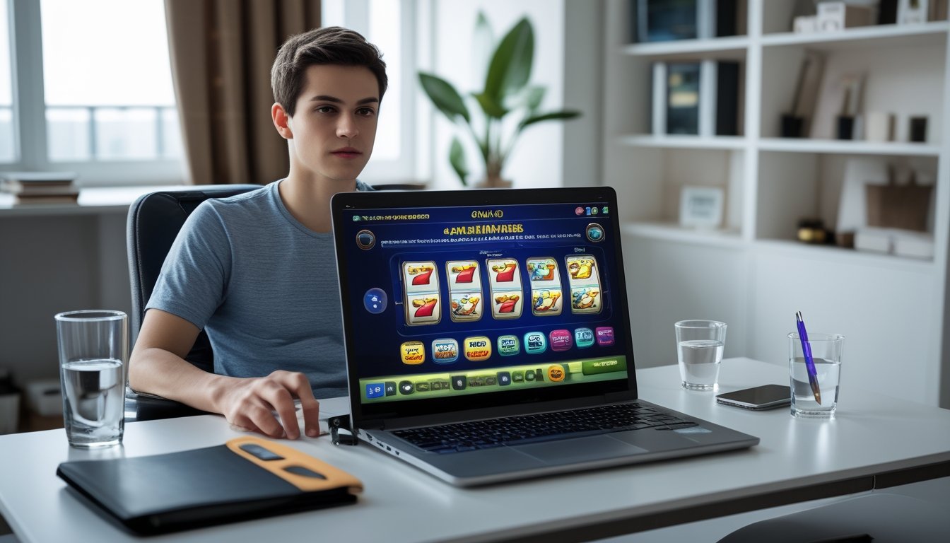 Seorang dewasa muda duduk di depan laptop dengan permainan slot online, di meja terdapat buku catatan dan gelas air, di ruang kerja rumah yang terang dan rapi.