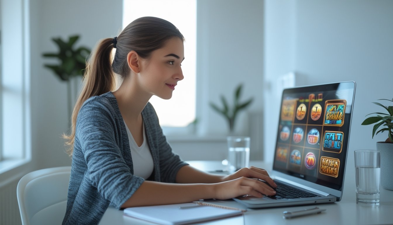 Seorang wanita muda duduk di meja dengan laptop sedang bermain slot online dengan fokus dan tenang di ruangan yang terang dan rapi.
