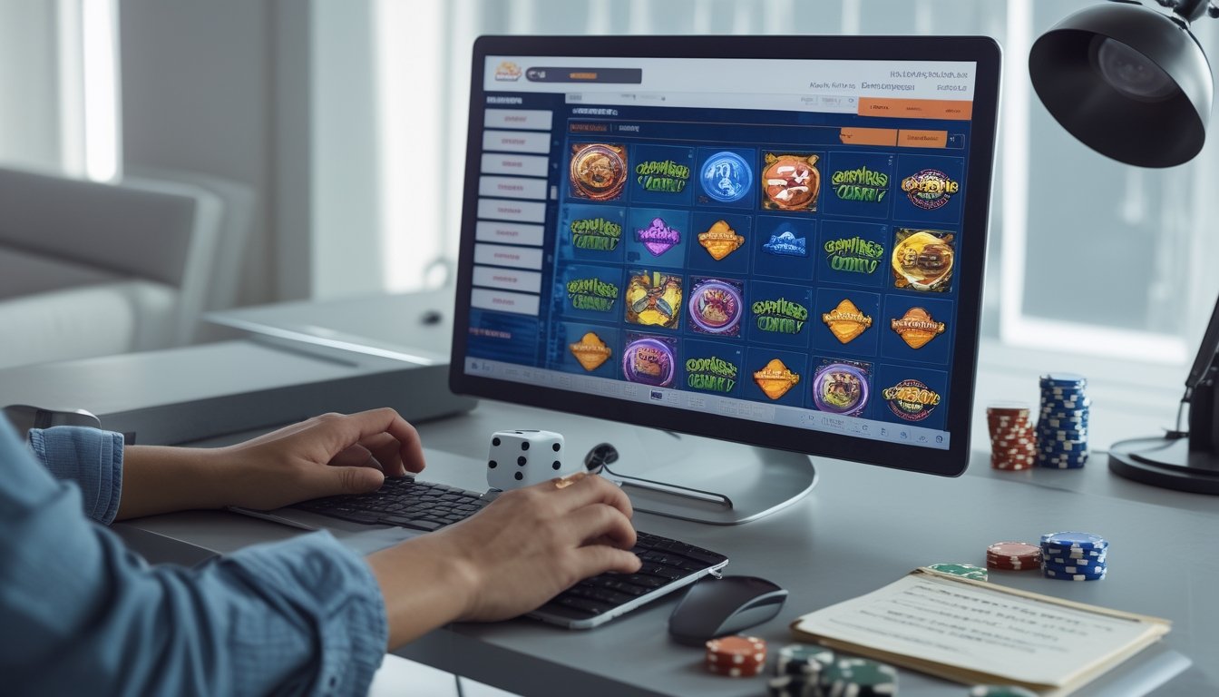 Meja kerja dengan komputer yang menampilkan permainan slot online, tangan seseorang siap bermain, dan beberapa dadu serta chip poker di atas meja.