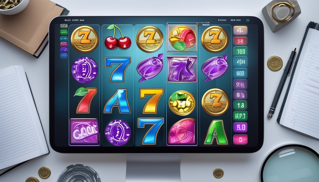 Layar perangkat digital dengan ikon permainan slot berwarna-warni, termasuk buku terbuka, notepad, dan kaca pembesar.