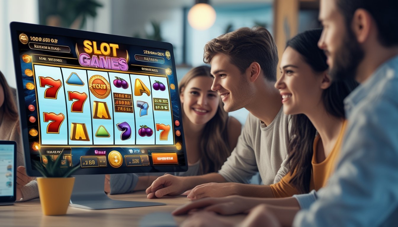 Orang-orang muda sedang belajar permainan slot online di depan layar komputer dengan simbol mesin slot berwarna-warni.