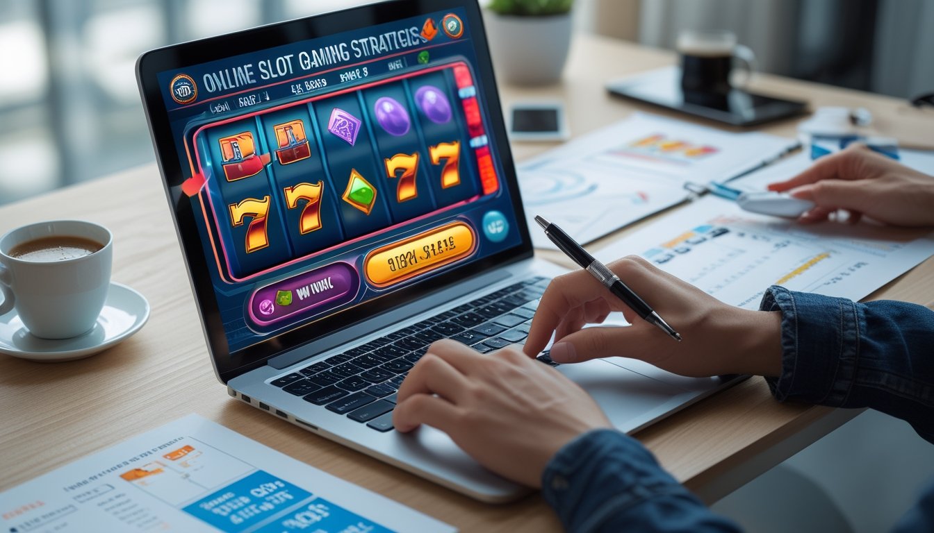 Meja kerja dengan laptop yang menampilkan permainan slot online, tangan seseorang sedang menganalisis data dan strategi dengan alat tulis dan perangkat digital di sekitar.