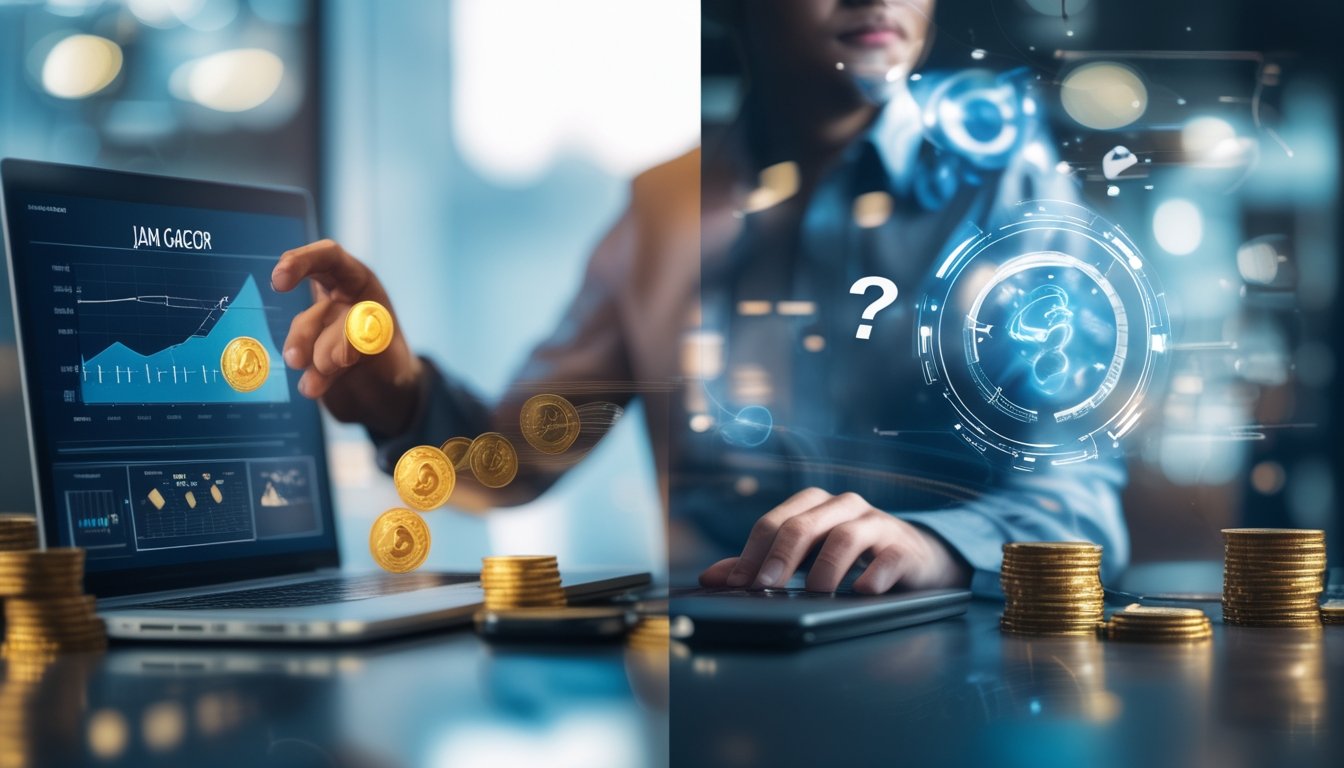 Seseorang yang sedang menganalisis data di laptop dan tablet di satu sisi, sementara di sisi lain orang lain tampak bingung dengan simbol tanda tanya di sekitarnya, menggambarkan perbedaan antara fakta dan mitos tentang jam gacor dalam permainan slot online.