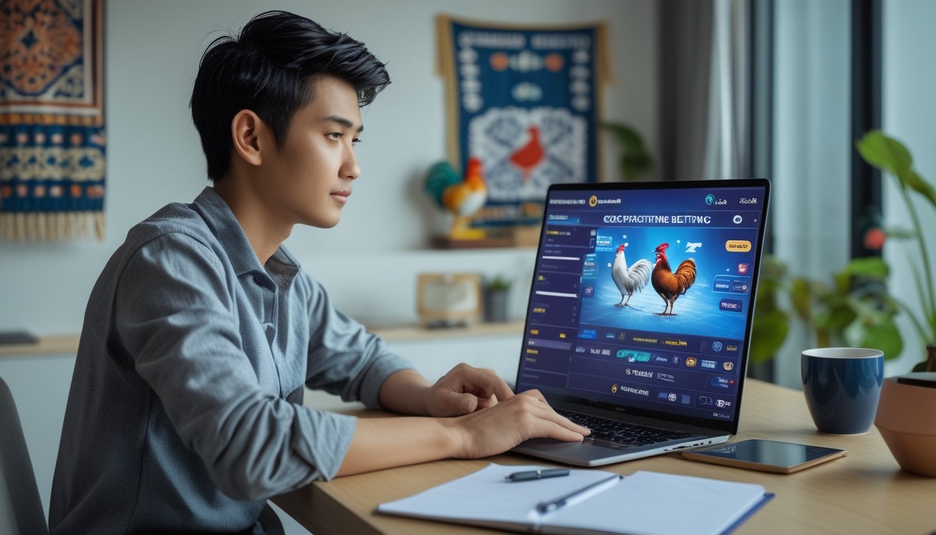 Seorang pemuda atau pemudi duduk di depan laptop dengan tampilan antarmuka taruhan sabung ayam online, di ruang kerja yang rapi dengan hiasan budaya Indonesia di latar belakang.