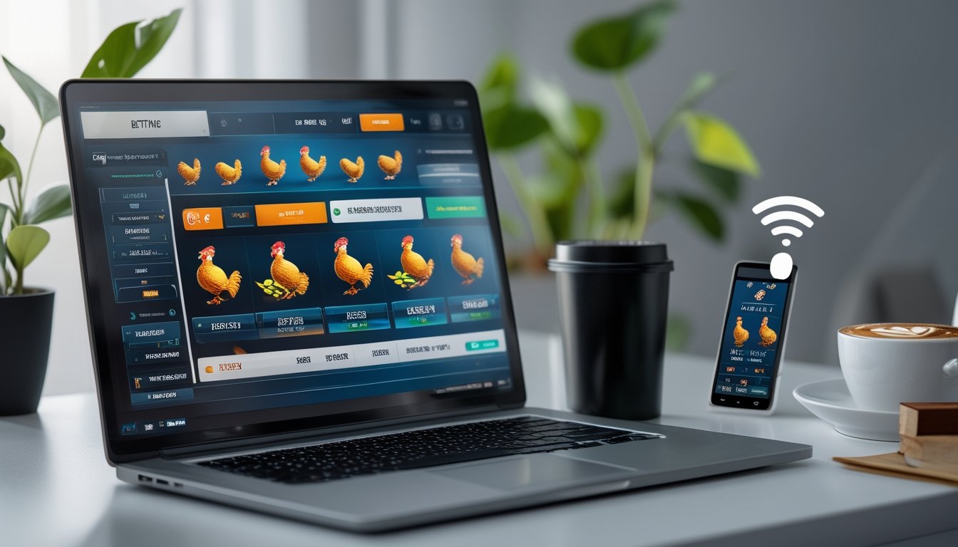 Meja kerja dengan laptop dan ponsel yang menampilkan antarmuka taruhan online sabung ayam, dengan suasana terang dan rapi.