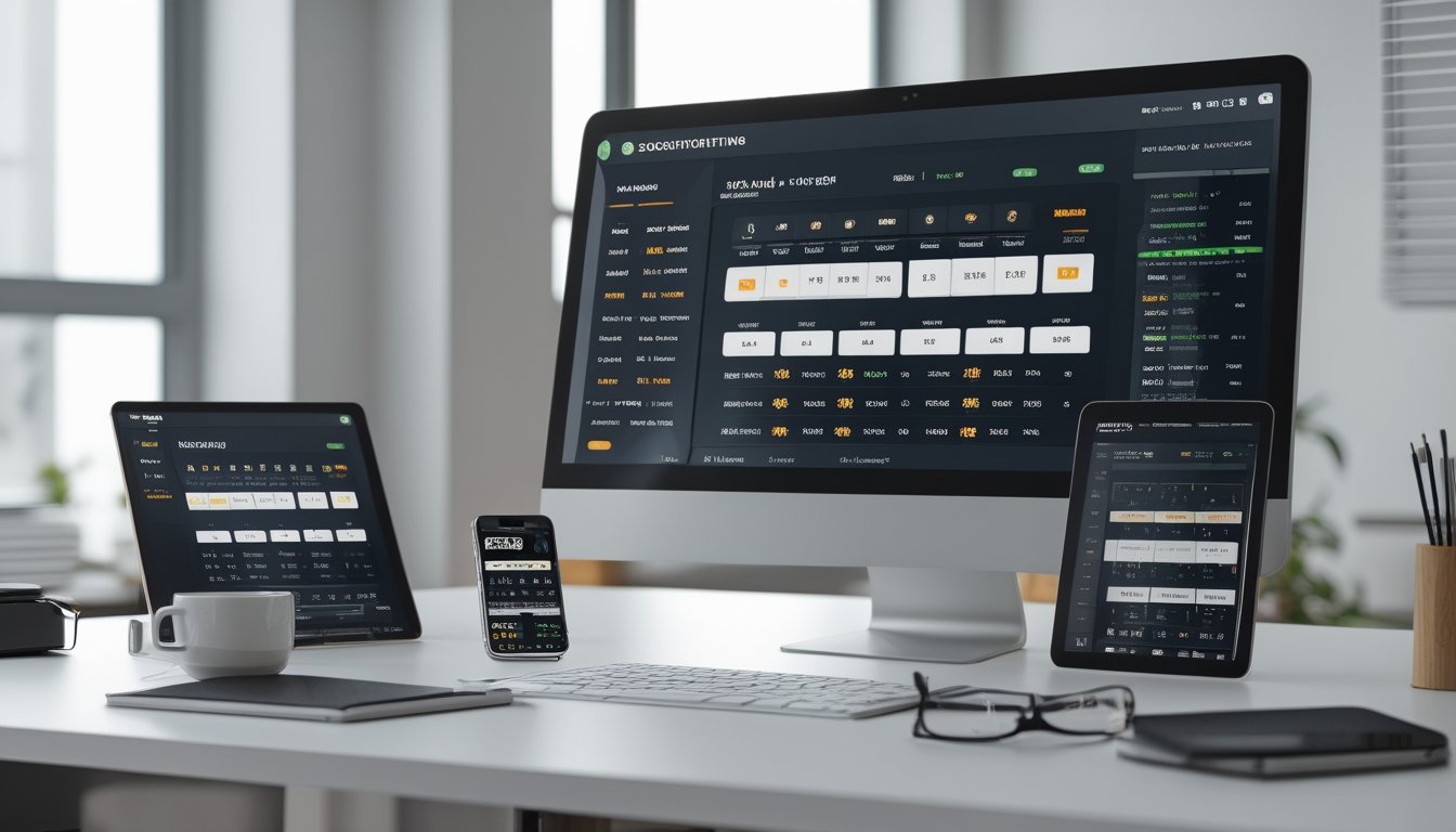 Meja kerja modern dengan komputer, ponsel, dan tablet yang menampilkan antarmuka taruhan online sabung ayam, suasana profesional dan terorganisir.